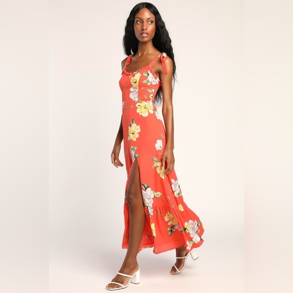 Lulu’s Forever Floral Orange Floral Print Tie-Strap Slit Ruched  Maxi Dress XL